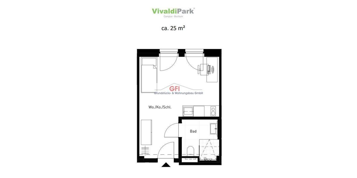Etagenwohnung Bochum Laer - 1 Zimmer, 27 m&sup2;, 490&euro; | Angebot:24473990