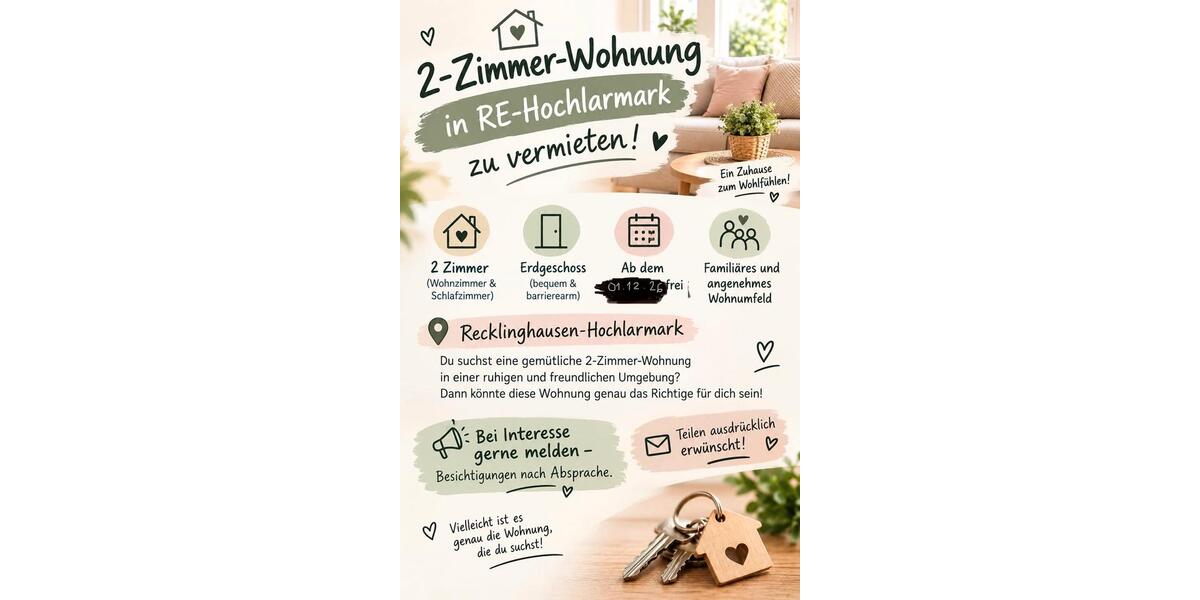 Erdgeschoßwohnung Recklinghausen Grullbad - 2 Zimmer, 50 m&sup2;, 550&euro; | Angebot:27572296